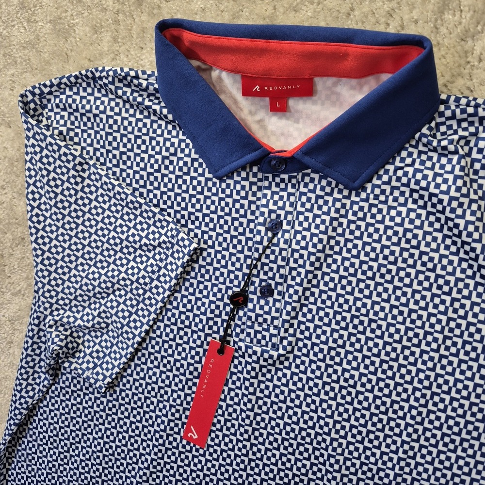 Redvanly Polo Shirt Mens Large Blue Geometric Stretch Performance Golf Preppy - Picture 1 of 9